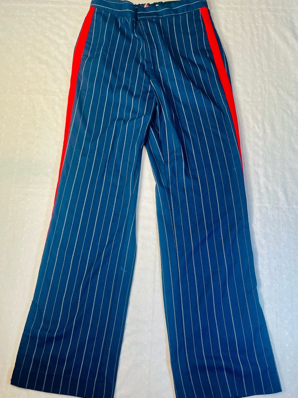 Urban Outfitters Navy Pinstripe Wide-Leg Trousers with Red Side Stripe